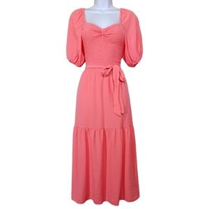DKNY Pink Smocked Puff Short Sleeve Belted Midi Maxi Tiered Dress 4 Small